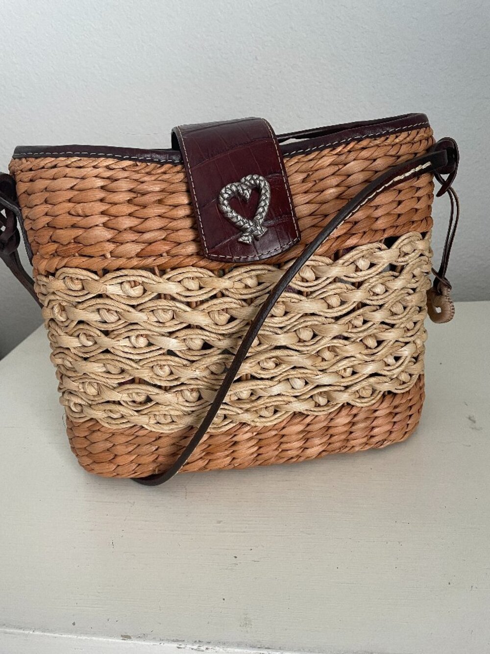 Vintage Brighton Sadie Straw Bag Two Tone with Croc Embossed Leather Trim.